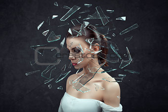 Stress. woman stressed with headache. Concept. Female on dark background.