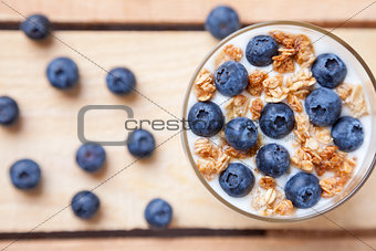 Nutritious and healthy yogurt with blueberries and cereal