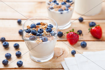 Nutritious and healthy yogurt with blueberries and cereal