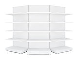 Three rounded blank empty retail shelves