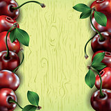 Many cherries on wooden texture background. 