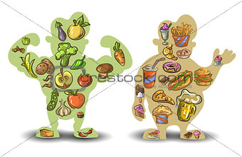 Human, thin, fat. Nutrition, diet, food on white background . Vector