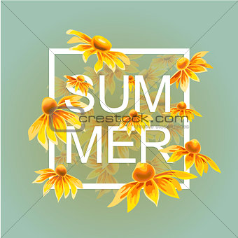 Orange and yellow flowers with green leaves and floral elements