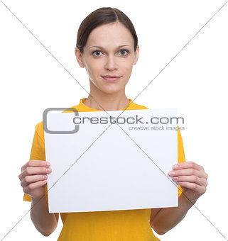 Happy woman holding white blank card