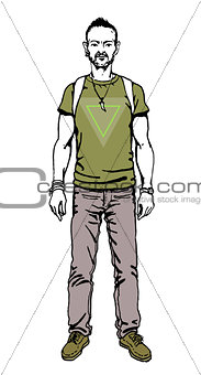 Poster in hipster style. Hand drawn illustration of fashion guy travel Vector