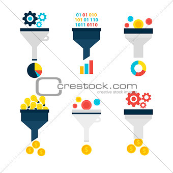Business Sales Funnel Flat Objects Set isolated over White