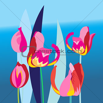 Bright background with multi-colored tulip