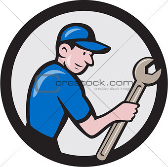 Handyman Holding Spanner Circle Cartoon 