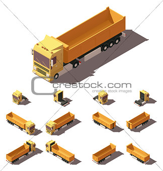 Vector isometric truck with tipper semi-trailer icon set