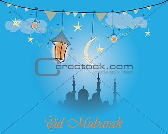 Creative greeting card design for holy month of muslim community festival Eid Mubarak with moon and hanging lantern, stars on blue background.