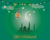 Creative greeting card design for holy month of muslim community festival Eid Mubarak with moon and hanging lantern, stars on green background.