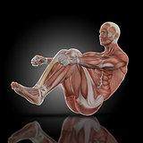 3D render of a medical figure with muscle map in sit up pose