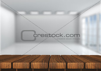 3D wooden table looking into an empty room