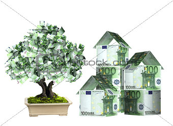 Three houses from euro banknotes and money tree