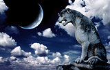 Ancient lion statue and bright moon in the night sky