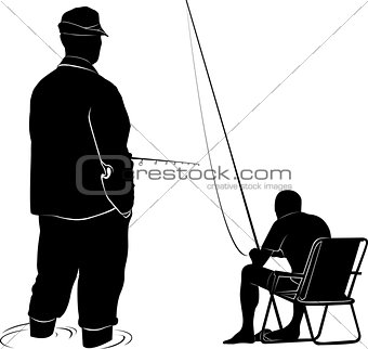 Man fishing. A man in a fishing a vacation getaway. Vector black silhouette isolated on white background. People on vacation. Quiet hunting.