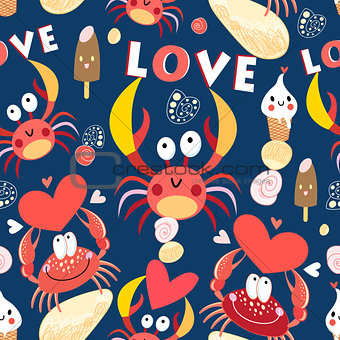 Seamless jolly pattern with crabs in love
