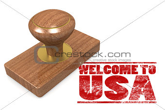 Red rubber stamp with welcome to USA