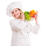 little girl-cook with bowl of vegetables on shoulder