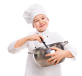 laughing little boy-cook with pan in hands