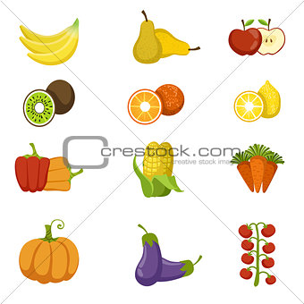 Fresh Fruits And Vegetables Icon Set