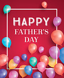 Happy fathers day card with flying balloons and white frame.