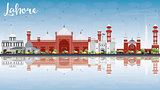 Lahore Skyline with Gray, Red Landmarks and Reflections.