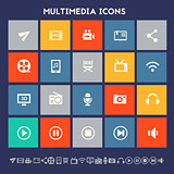 Multimedia icons. Multicolored square flat buttons