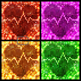 round mosaic spots heart with pulse backgrounds set