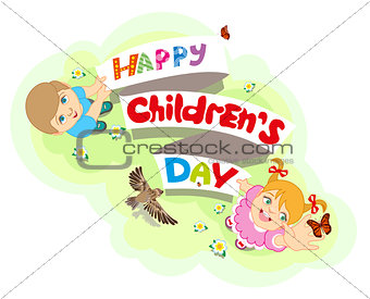 Happy Childrens Day. Boy and girl. Lettering text for greeting card
