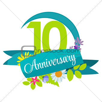 Cute Nature Flower Template 10 Years Anniversary Sign Vector Ill