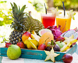 Assortment of tropical exotic fruits with smoothie and fresh juice
