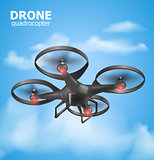 Realistic remote air drone quadrocopter flying in the sky and monitoring security. Isomertic view. Vector illustration