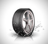 Car wheel with splashing water in motion blur on white background .Vector illustration