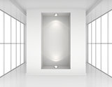 Exhibit Showcases with light sources in blank interior room large windows