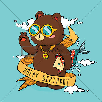 Hand Drawn Cool Bear Birthday Greeting Card