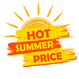 hot summer price with sun sign, yellow and orange drawn label