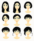 faces of women, girls hairstyles natural. vector illustration