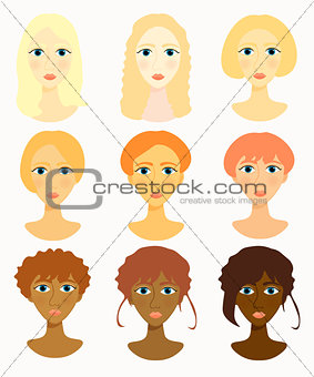 faces of women, girls hairstyles race. vector illustration