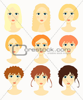Women face, girls colored hair vector illustration