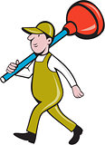 Plumber Carrying Plunger Walking Isolated Cartoon
