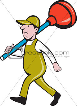 Plumber Carrying Plunger Walking Isolated Cartoon