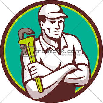 Plumber Monkey Wrench Arms Crossed Circle Retro