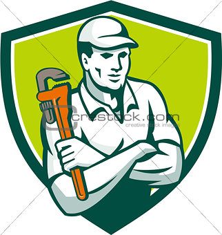 Plumber Monkey Wrench Arms Crossed Shield Retro