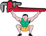 Plumber Weightlifter Lifting Monkey Wrench Cartoon