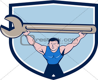 Mechanic Lifting Giant Spanner Wrench Crest Cartoon