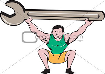 Mechanic Lifting Giant Spanner Wrench Cartoon