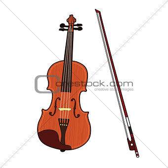 Wooden colorful violin with bow isolated on white background.