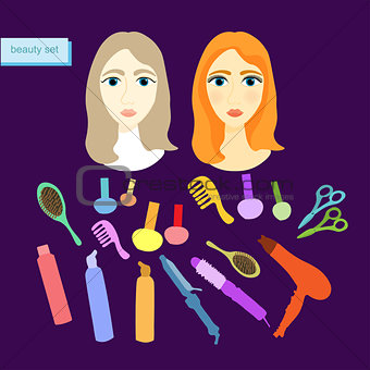 set of beauty for women in purple. vector illustration