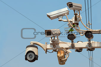 CCTV, CCTV system, Street CCTV, Traffic security, blue sky background
